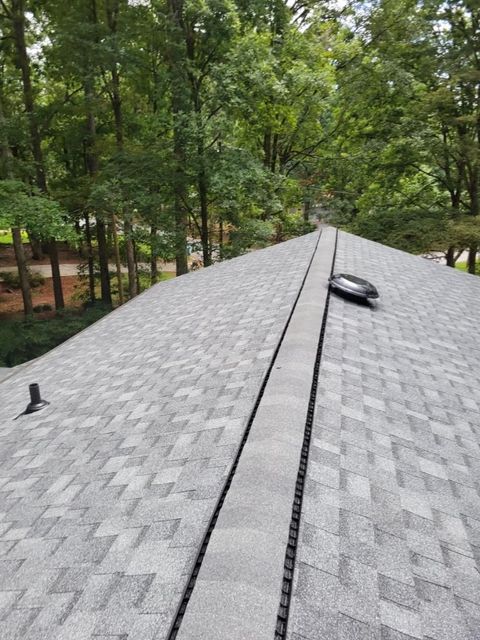 A roof with a skylight on it and trees in the background.