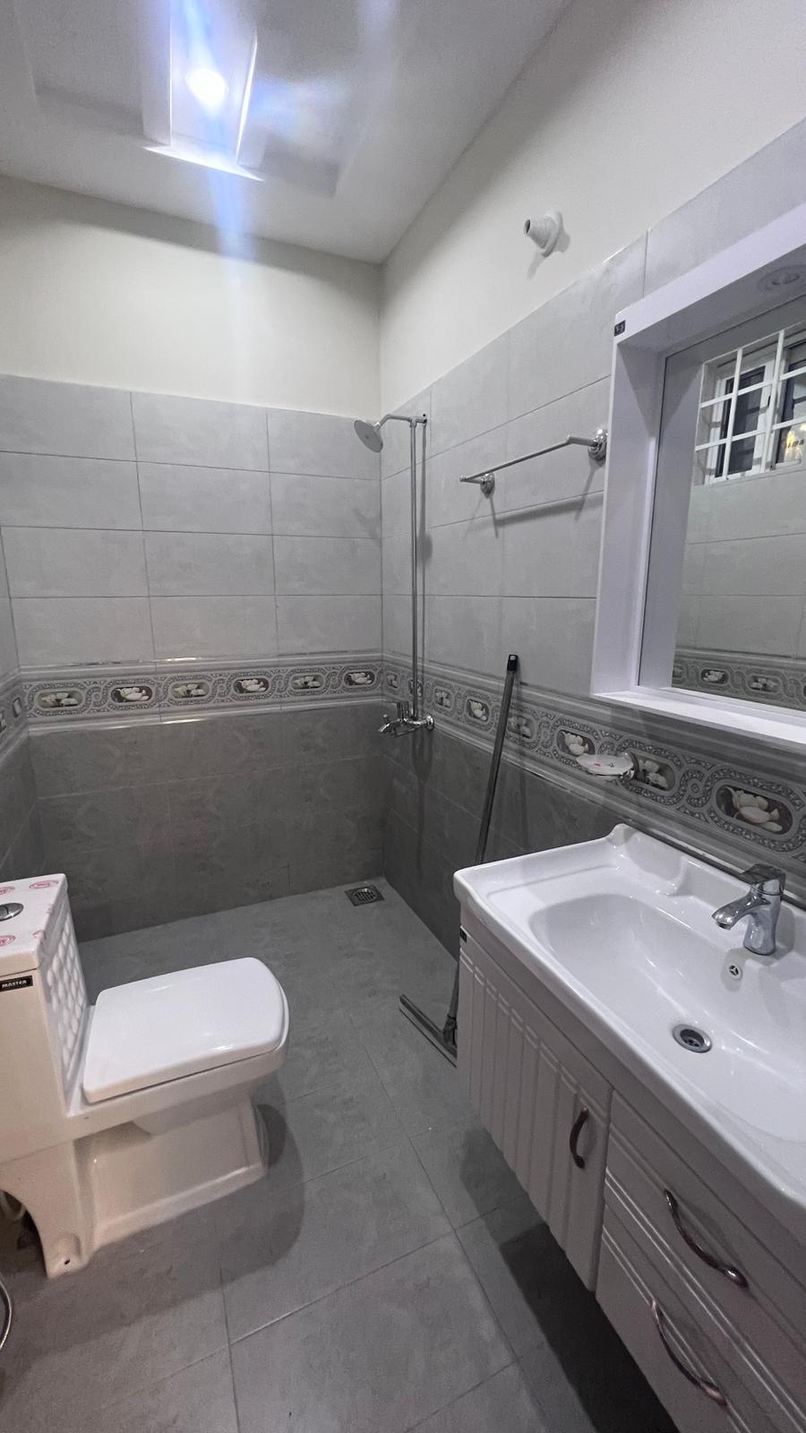 A bathroom with a toilet , sink and shower.