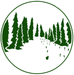 Green silhouette of a forest path lined with tall evergreen trees inside a green circle.