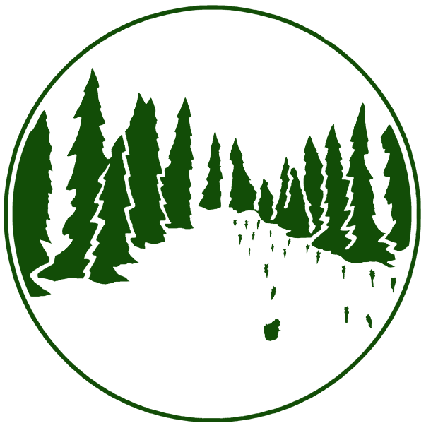 Green silhouette of a path winding through a forest of tall pine trees, within a green circle.