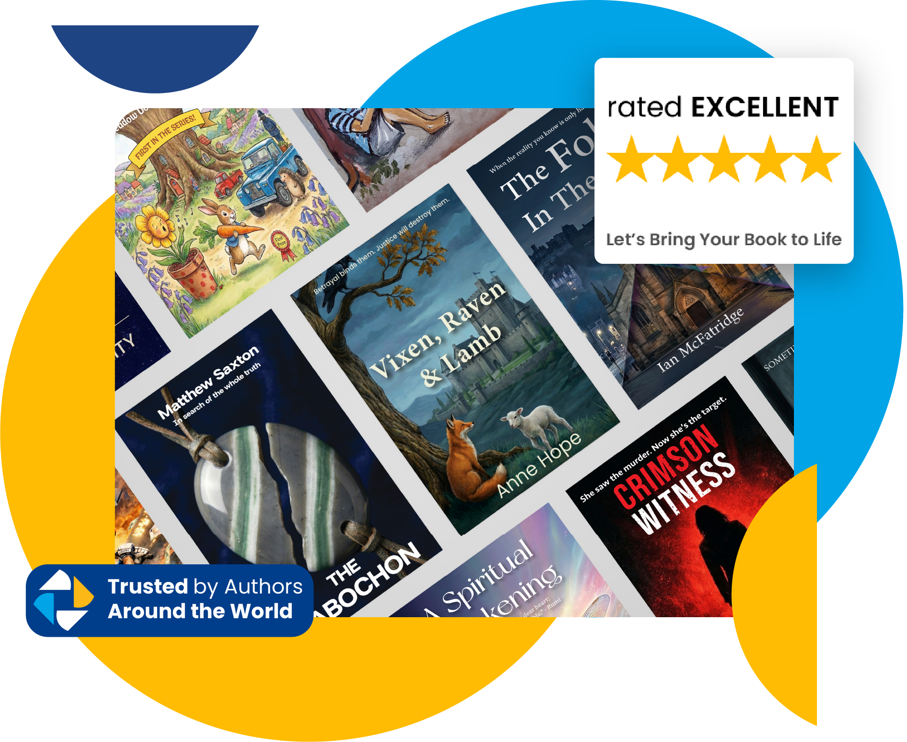 Book covers collage with “Rated EXCELLENT” stars and “Trusted by authors around the world” badges