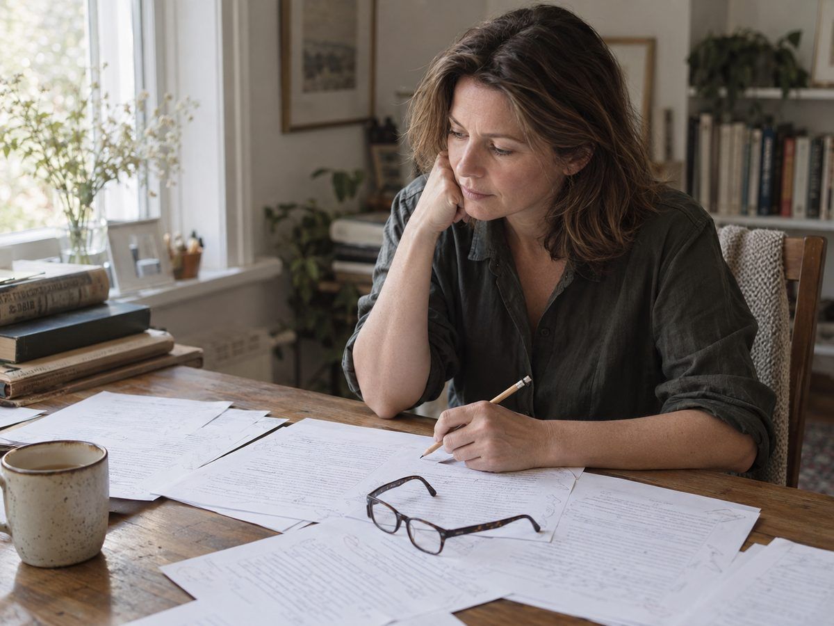 Editor working through a printed manuscript with pencil notes at a desk
