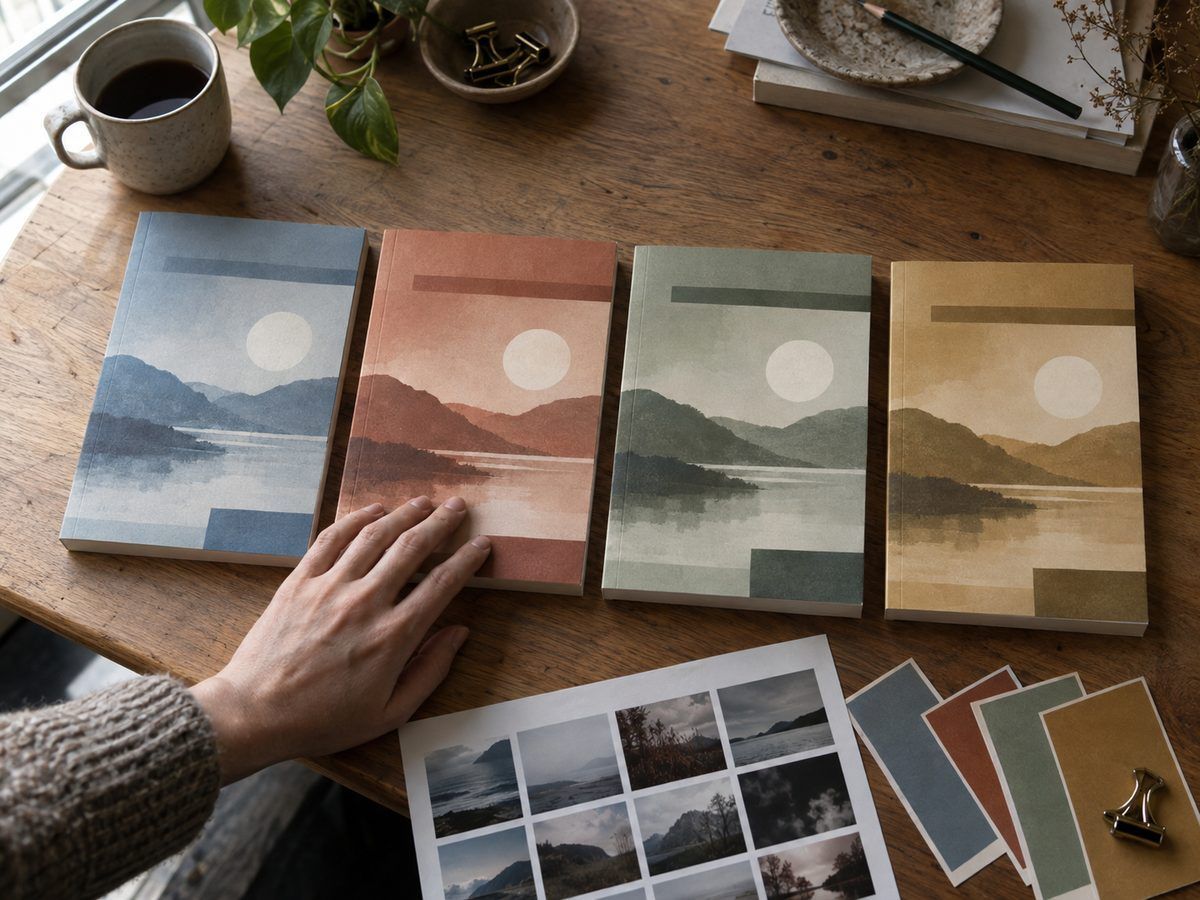 Four book cover proofs in different colourways laid out for comparison