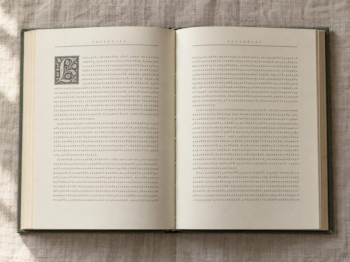 Open hardback showing a typeset interior spread with a decorative drop cap