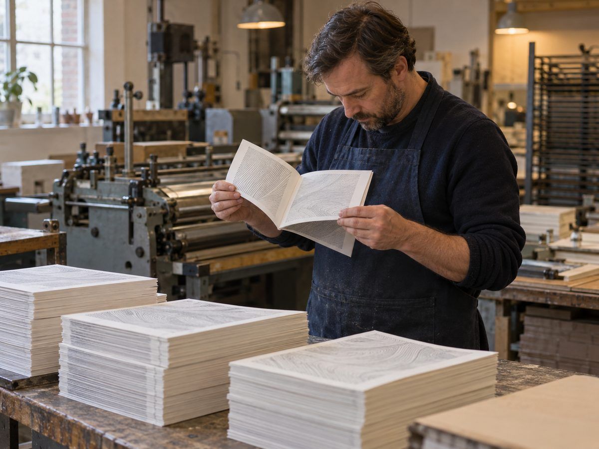 Printer inspecting freshly printed book pages in a print workshop