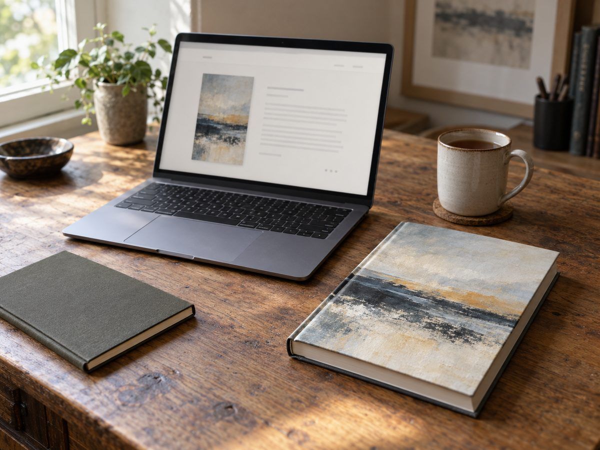 An author website open on a laptop beside the printed hardback of the same book