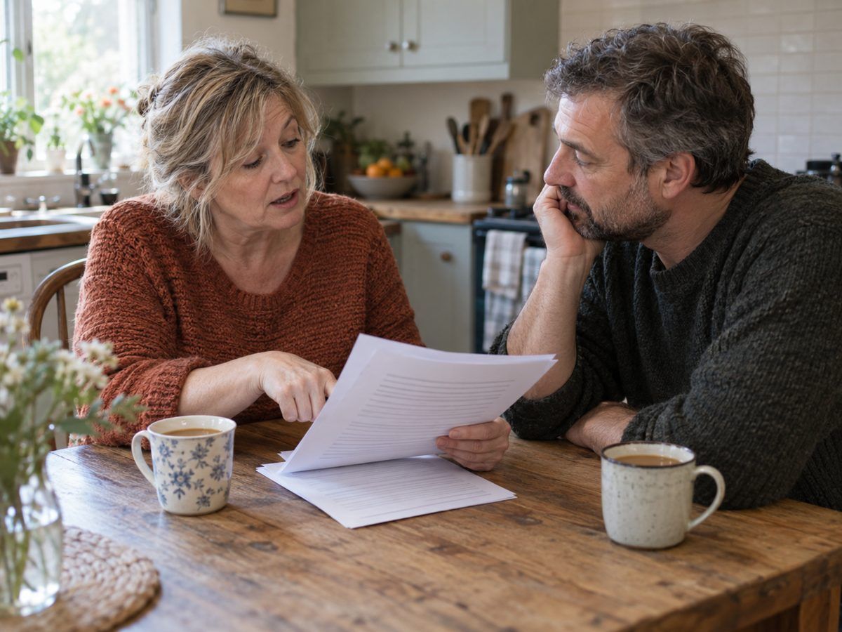 Two people reviewing printed manuscript pages at a kitchen table
