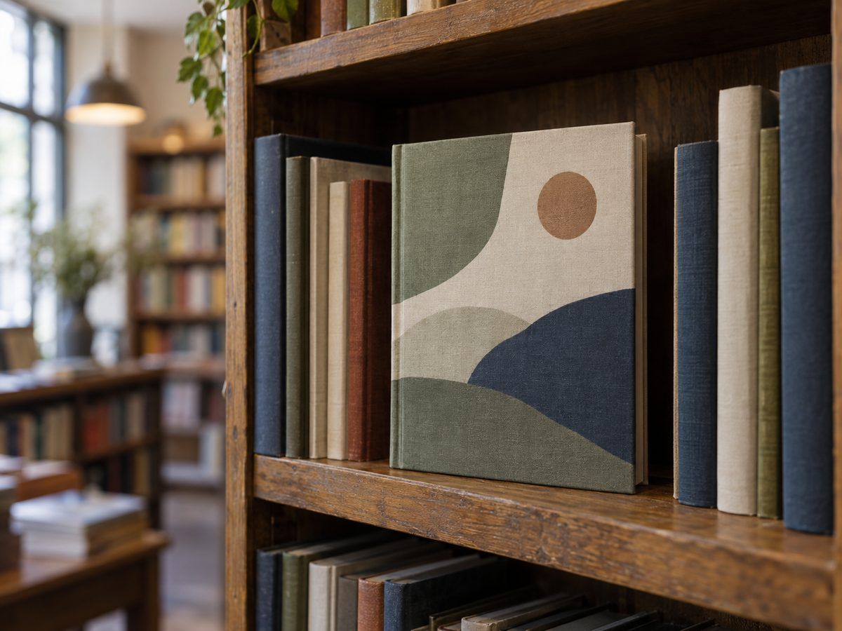 A hardback book displayed face out on a bookshop shelf