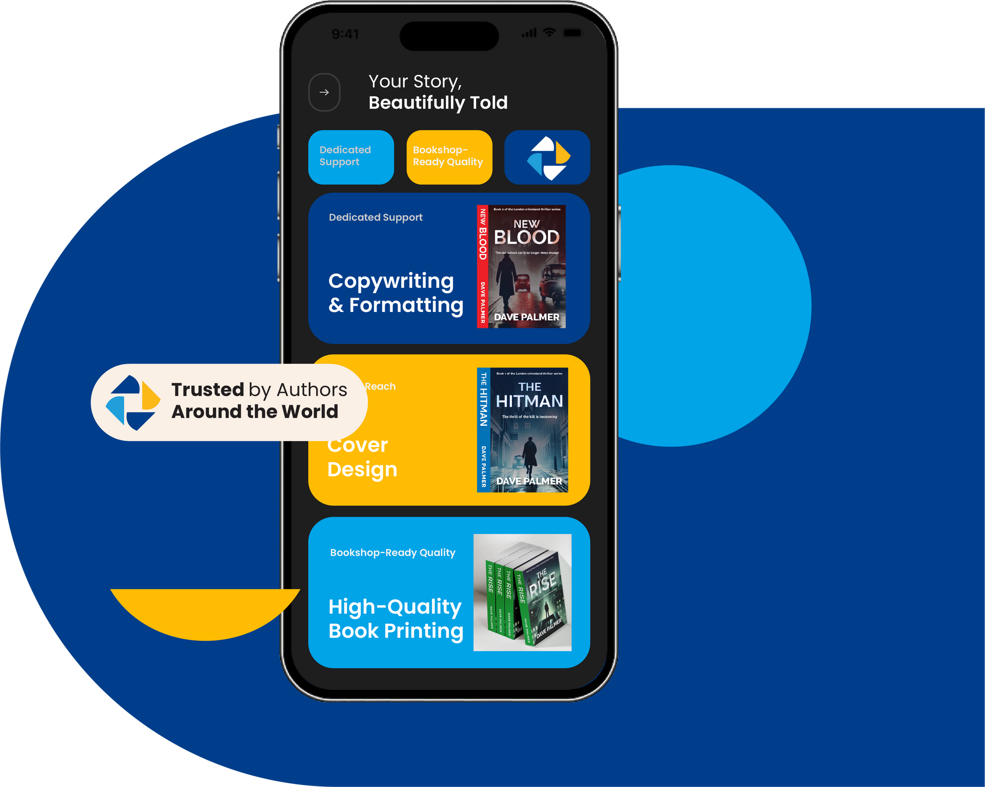 Smartphone screen displaying book publishing services: cover design, copywriting, high-quality book printing.