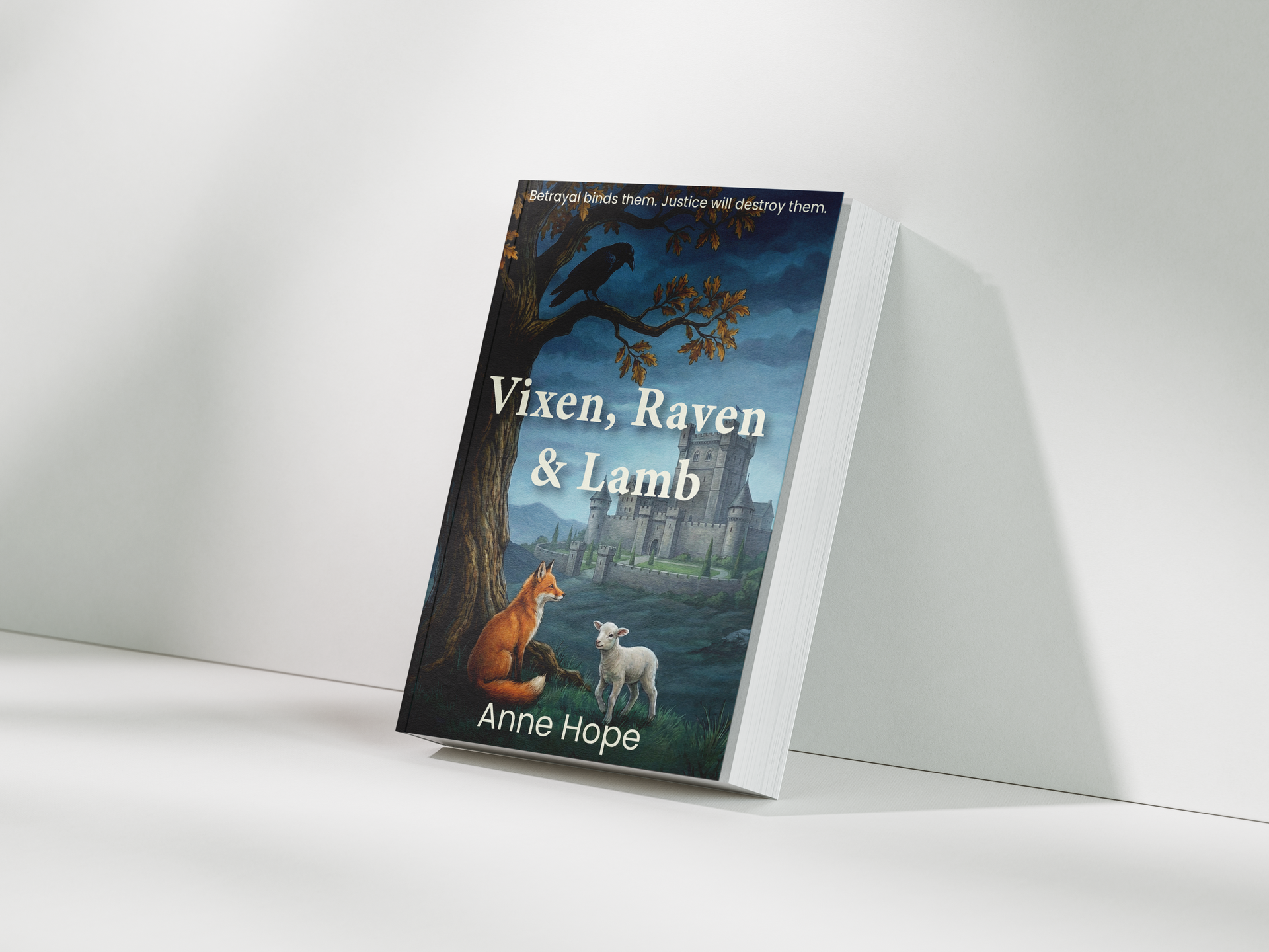Book cover for “Vixen, Raven & Lamb” by Anne Hope, shown on a white surface