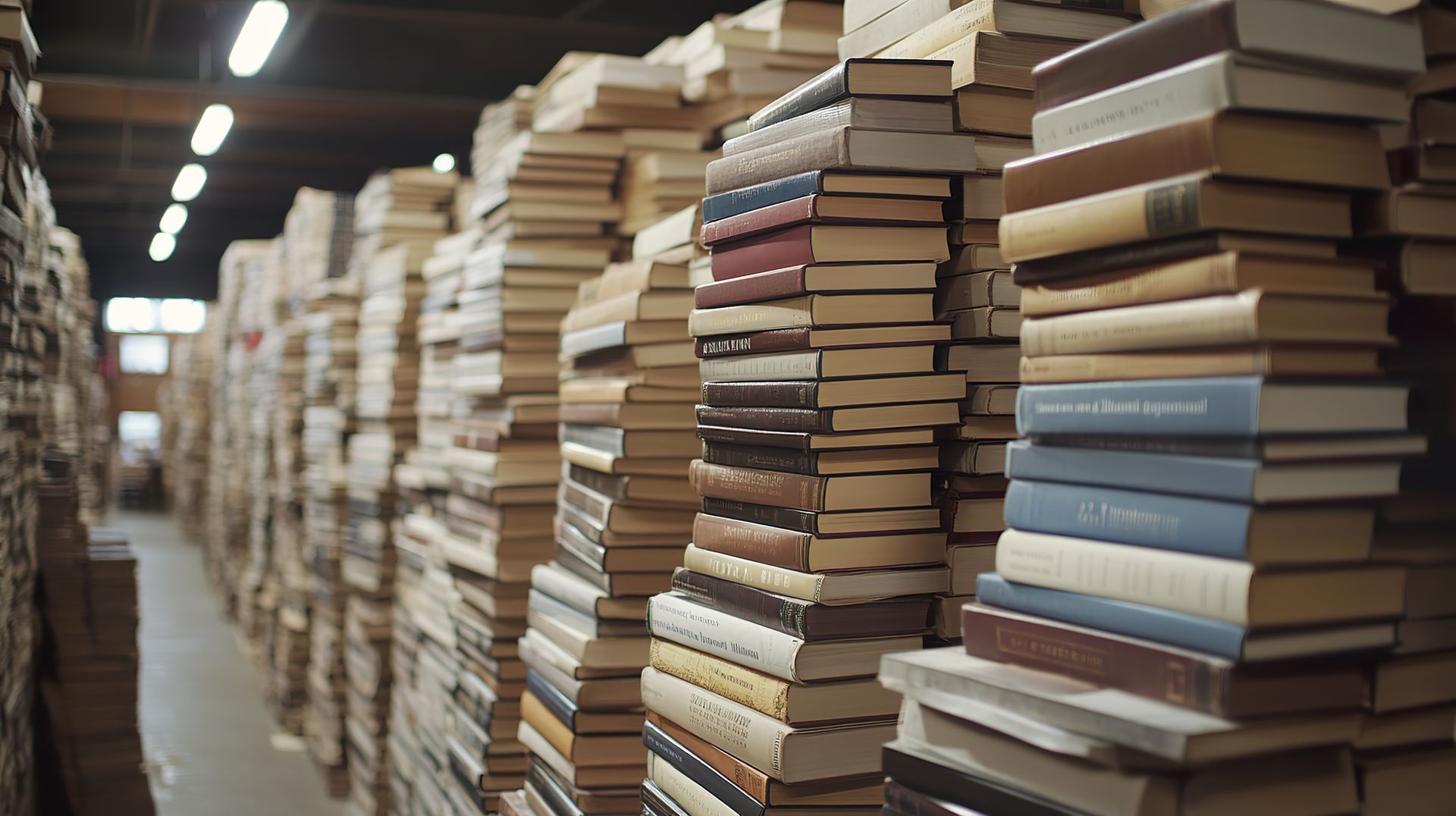 Stacks of books in a library or warehouse. Rows of stacked volumes extend into the background.