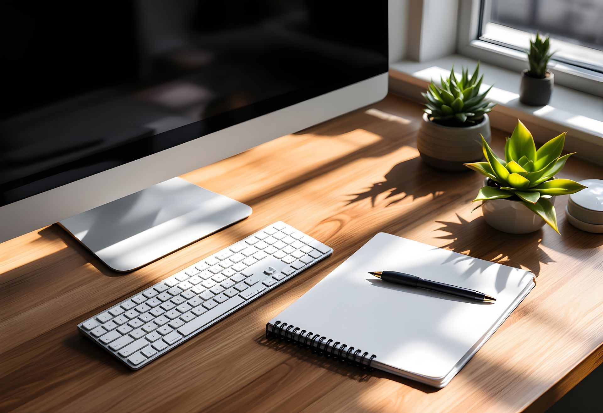 Wooden desk with a computer, keyboard, notepad, pen, and potted succulents near a window.