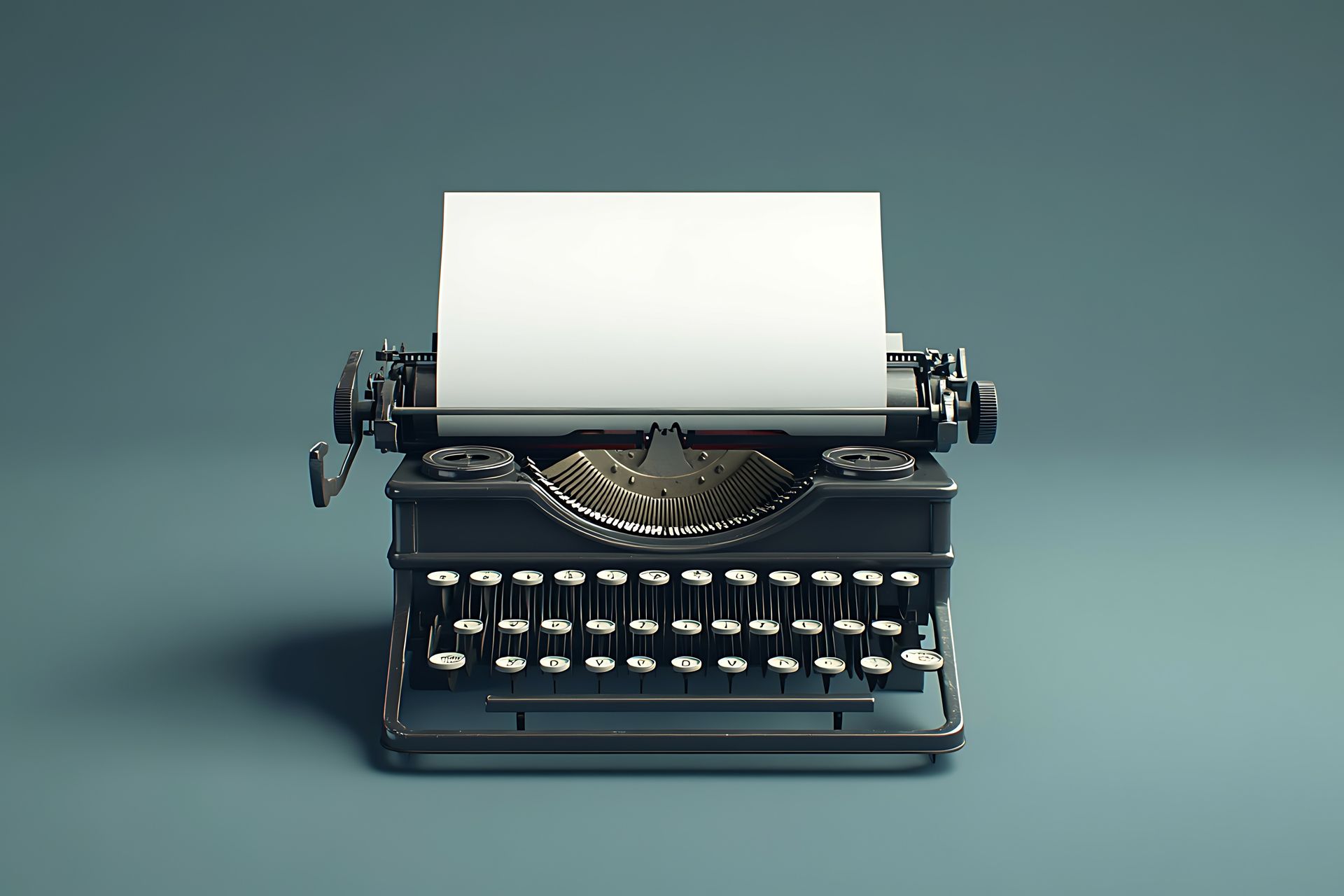 Black vintage typewriter with white paper on a teal surface.