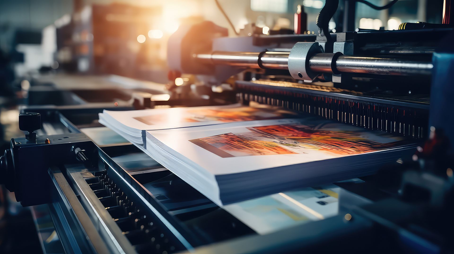 Printing press in operation, printing colorful pages. Machinery and stacks of paper visible.