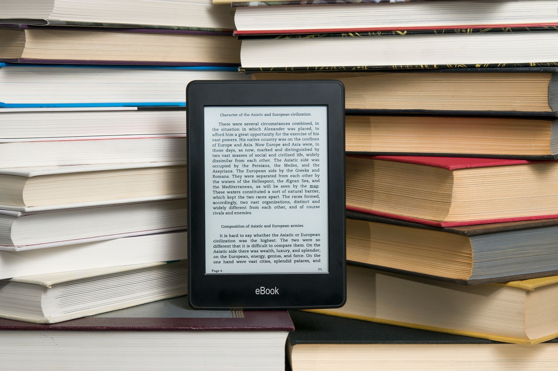 E-reader displaying text, surrounded by stacks of traditional books.