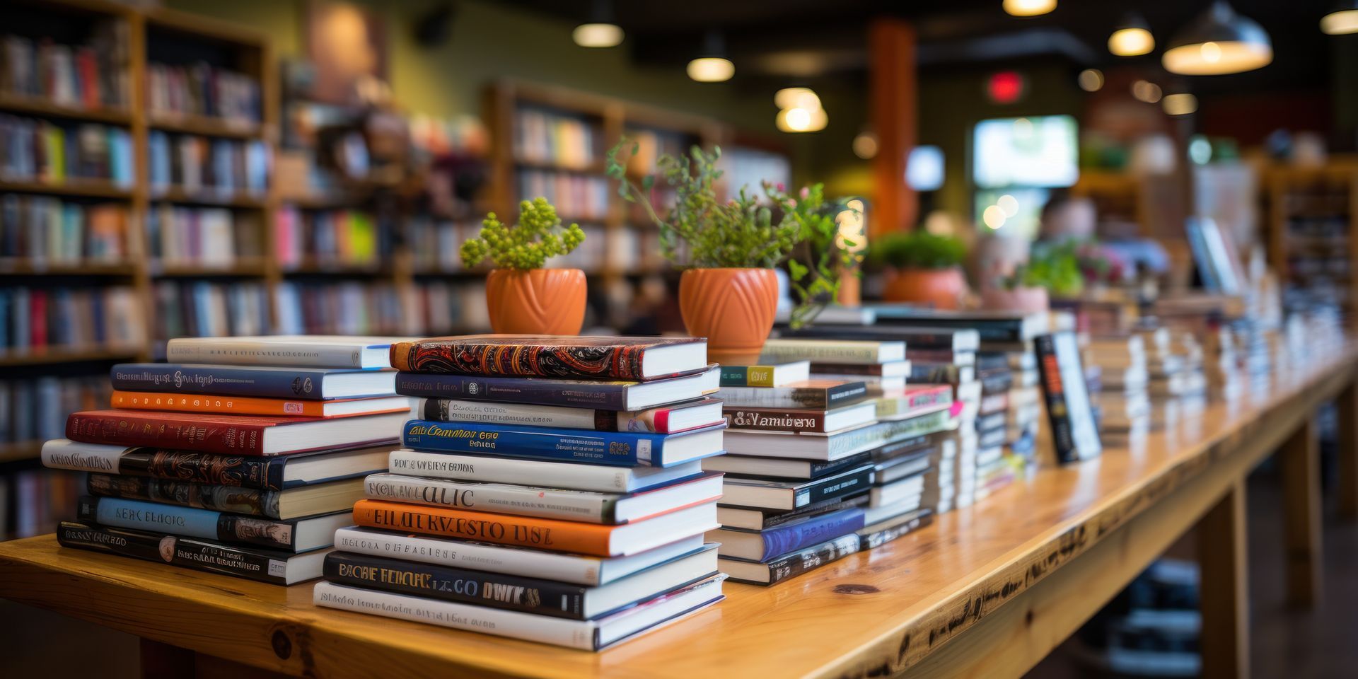 Bookshelves and stacks of books on a wooden table in a bookstore, with plants in pots.
