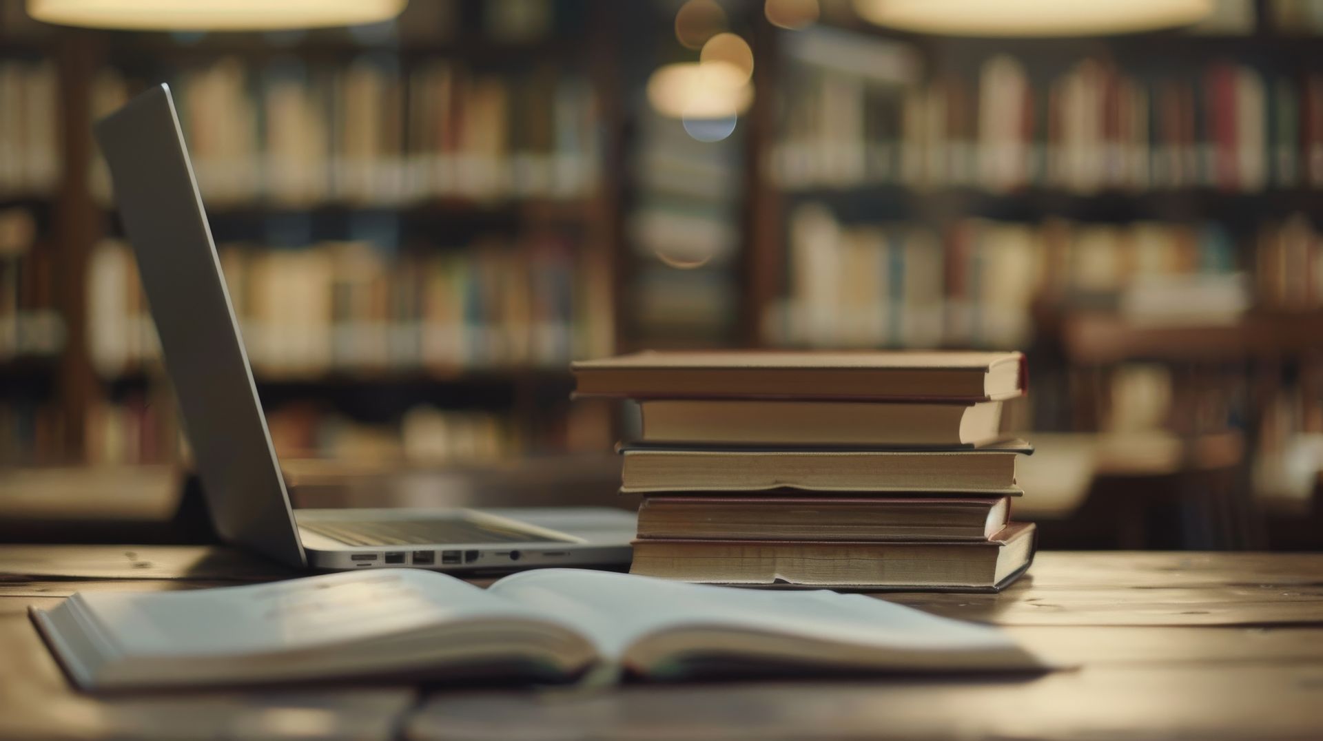 Laptop, open book, and stack of books on a wooden table in a library with bookshelves in the background.
