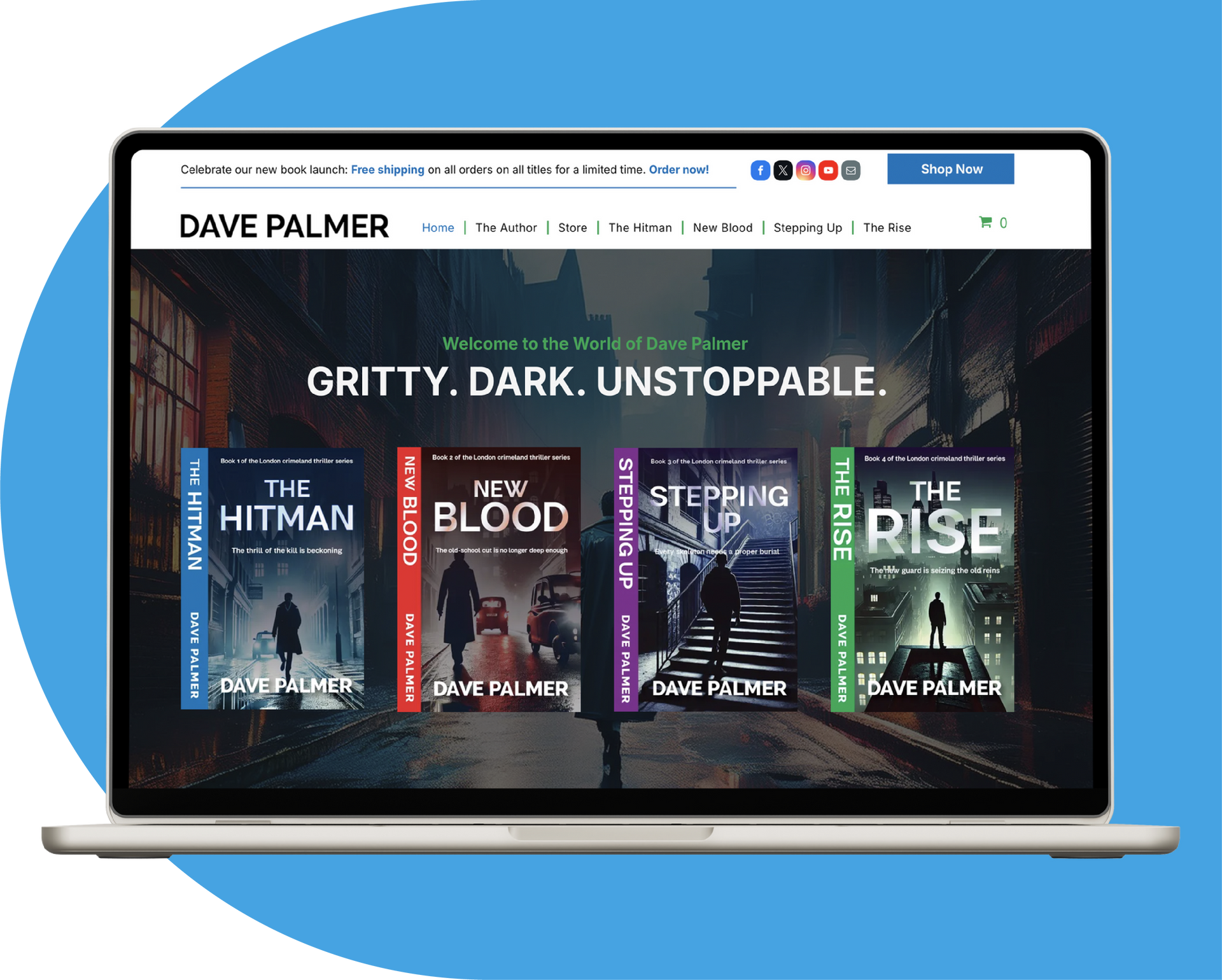 Laptop displaying Dave Palmer's book covers: