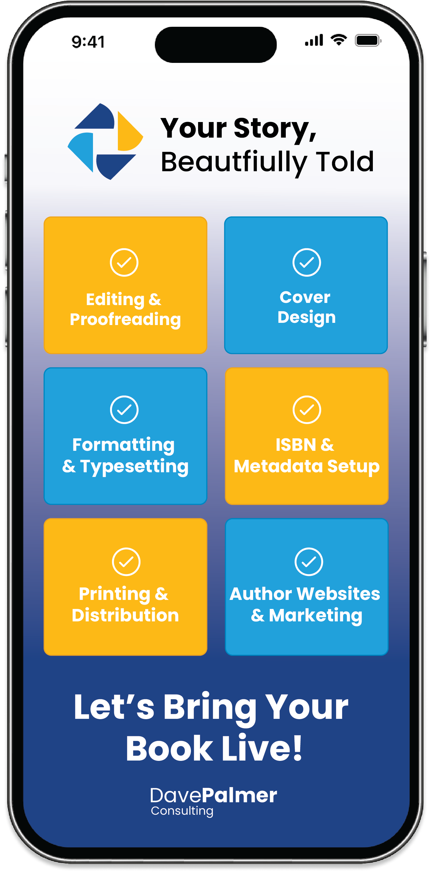 Smartphone displaying a graphic with text about book publishing services, including editing, design, and marketing.