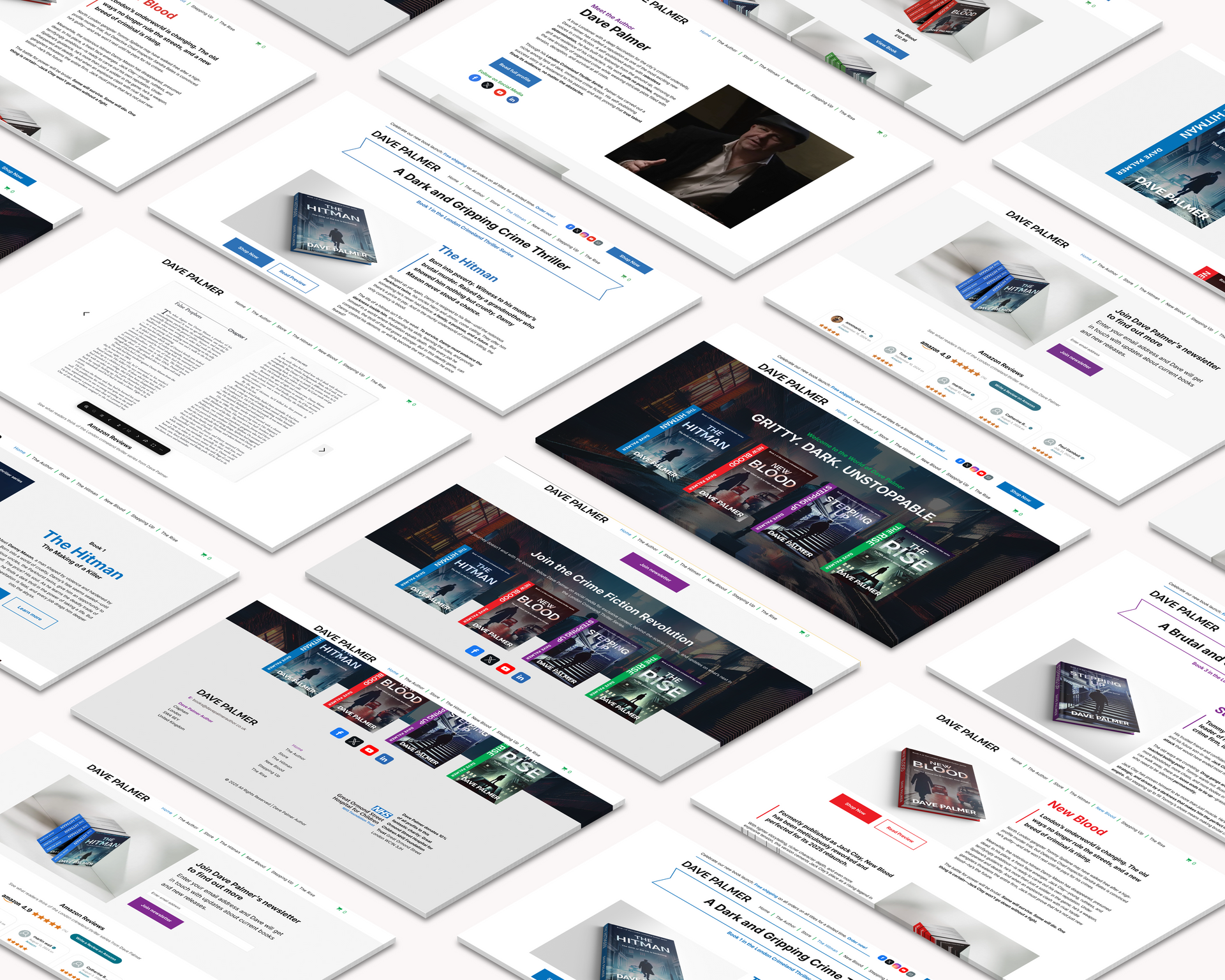 Websites displayed at an angle, showing different pages with images and text, in a white setting.