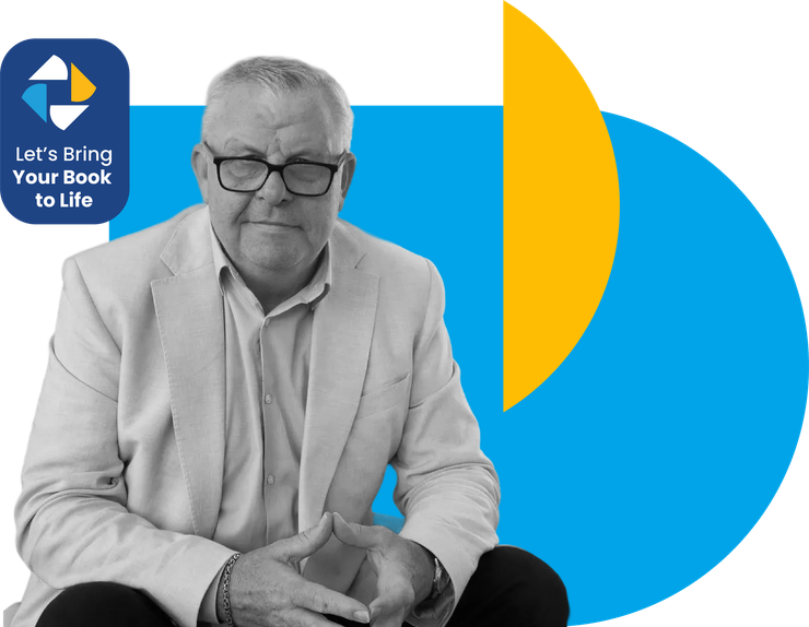 Man in glasses and blazer seated against a blue-and-yellow abstract background with a logo in the corner