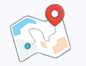 Map with a red location marker, dotted path, and colorful areas.
