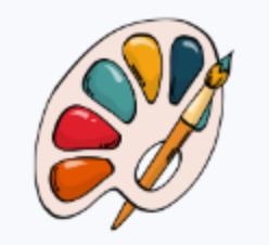 Palette with red, orange, yellow, teal, and dark blue paint and a paintbrush.