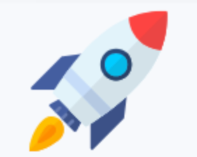 Rocket ship blasting off; white with blue and red accents, yellow flame.