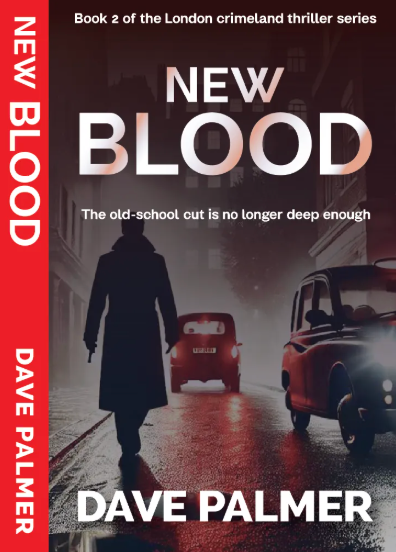 Book cover for “New Blood” by Dave Palmer, showing a dark rainy street with two cars and a silhouetted figure.