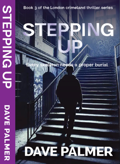 Book cover for “Stepping Up” by Dave Palmer, showing a silhouetted man on blue-lit stairs at night