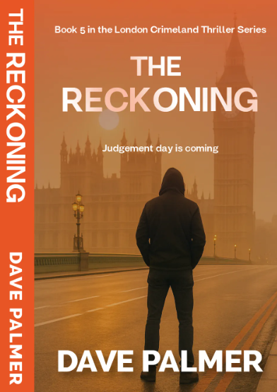 Book cover for The Reckoning by Dave Palmer, showing a hooded figure on a foggy bridge in orange tones.
