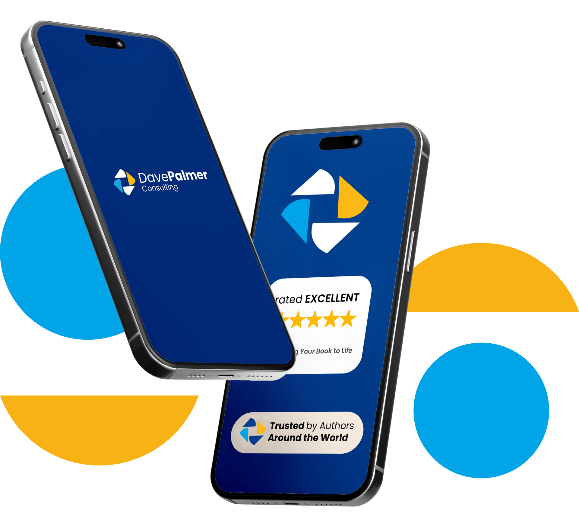 Two blue smartphones displaying a logo and review information against a backdrop of blue and yellow shapes.