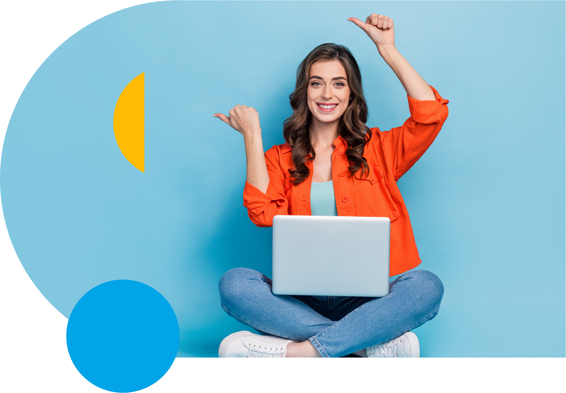 Woman seated with a laptop, smiling, gesturing thumbs up and pointing to the side, against a blue background with abstract shapes.