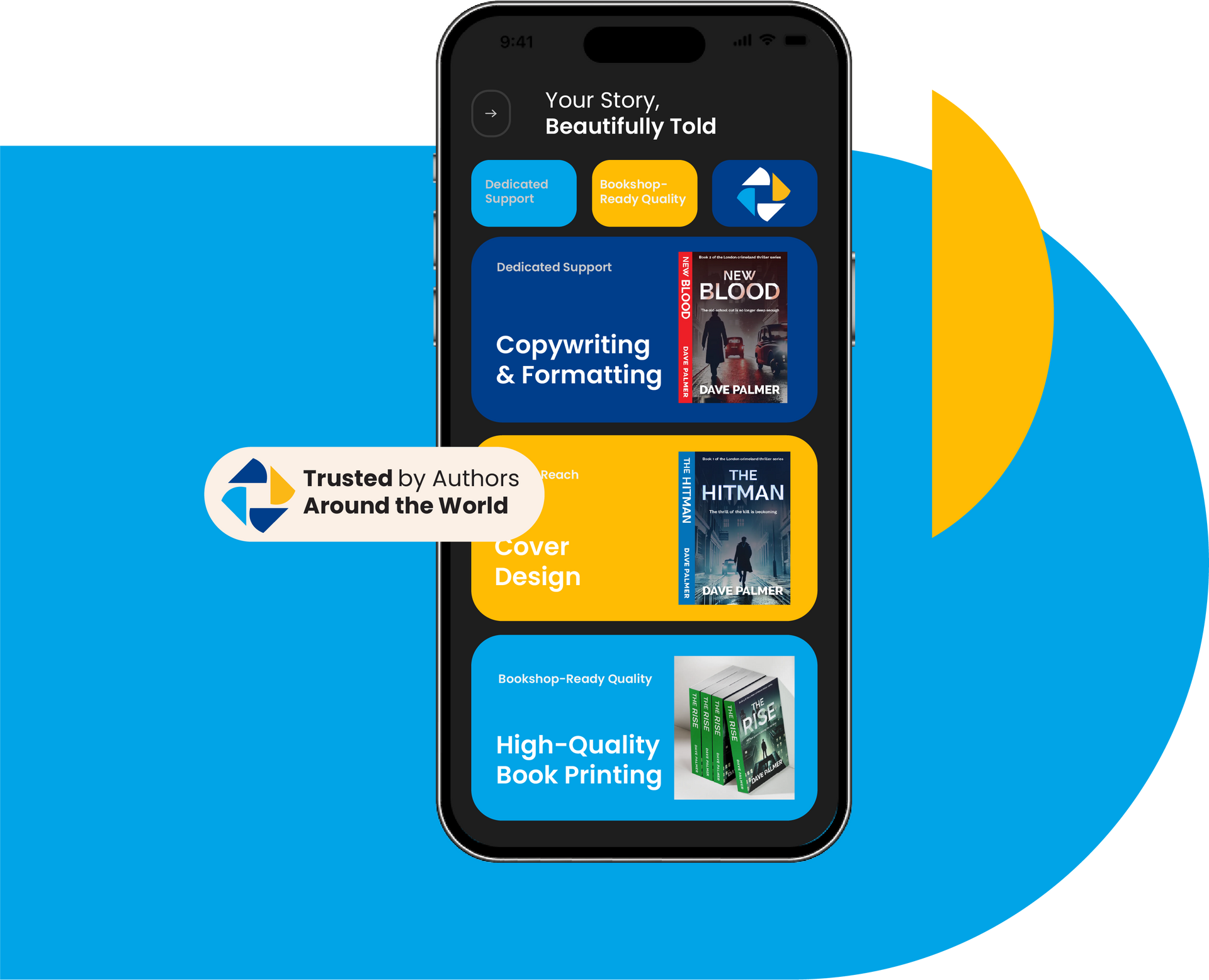 Smartphone app showcasing services: copywriting, cover design, & book printing. Blue and yellow accents.