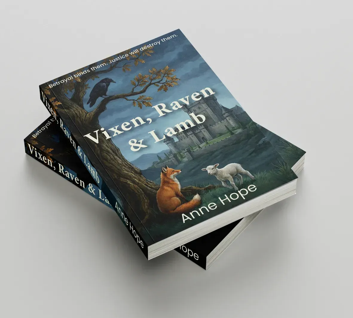 Two stacked books titled “Vixen, Raven & Lamb” by Anne Hope on a light gray background