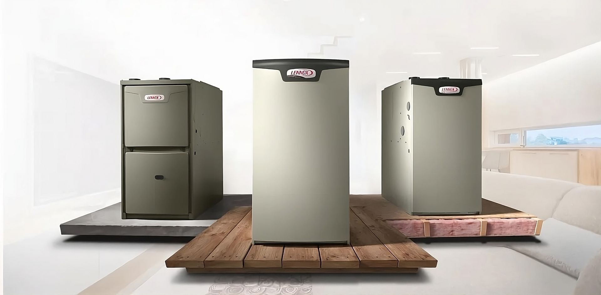 Three furnaces are sitting on a wooden table in a living room.
