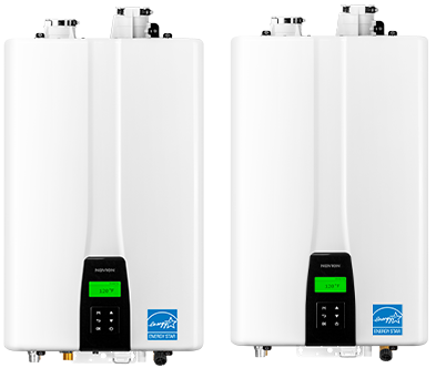 Two white water heaters are sitting next to each other on a white background.