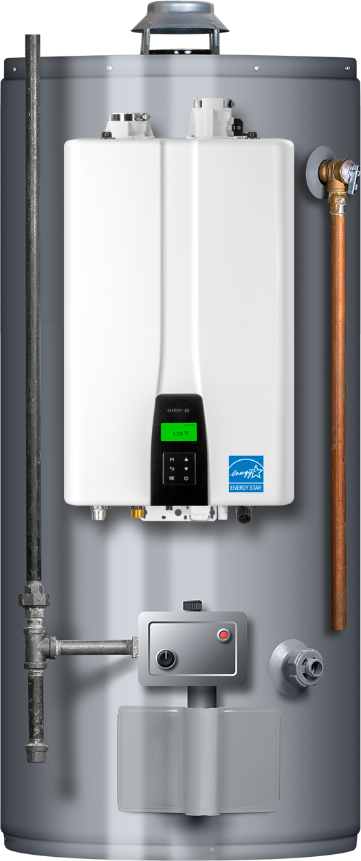 A white water heater is attached to the side of a house.