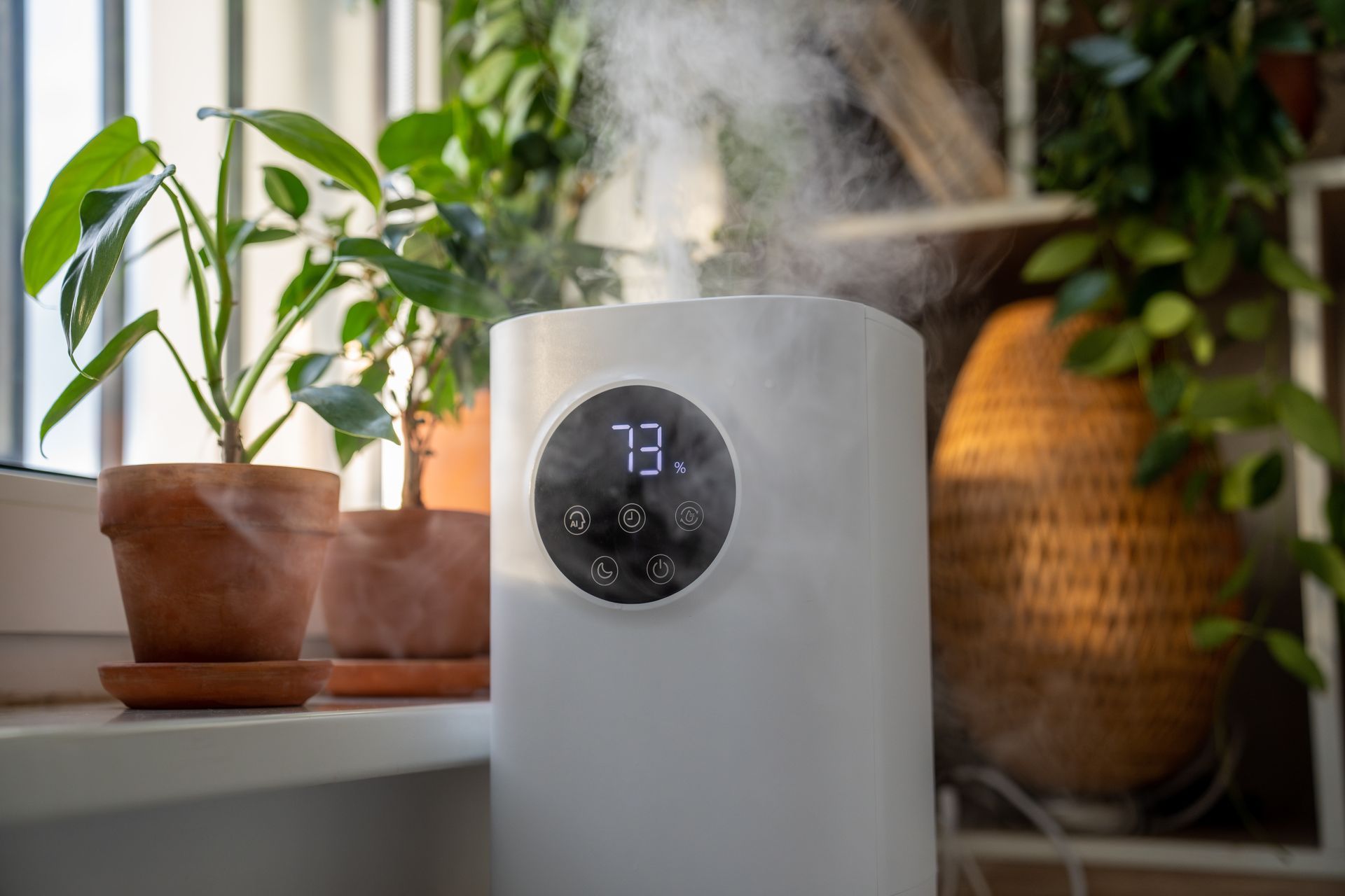A white humidifier is sitting on a window sill next to potted plants.