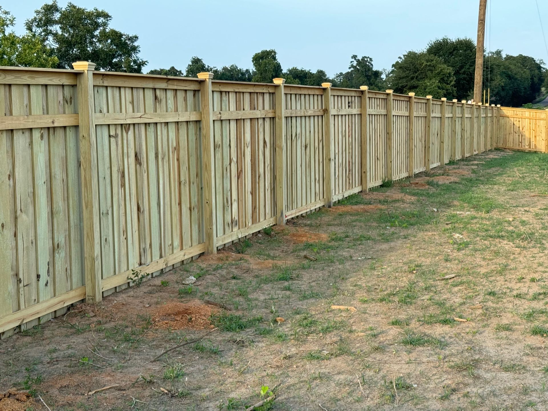 Wooden fence in yard. Light brown wood, vertical planks, posts topped with solar lights, green grass.