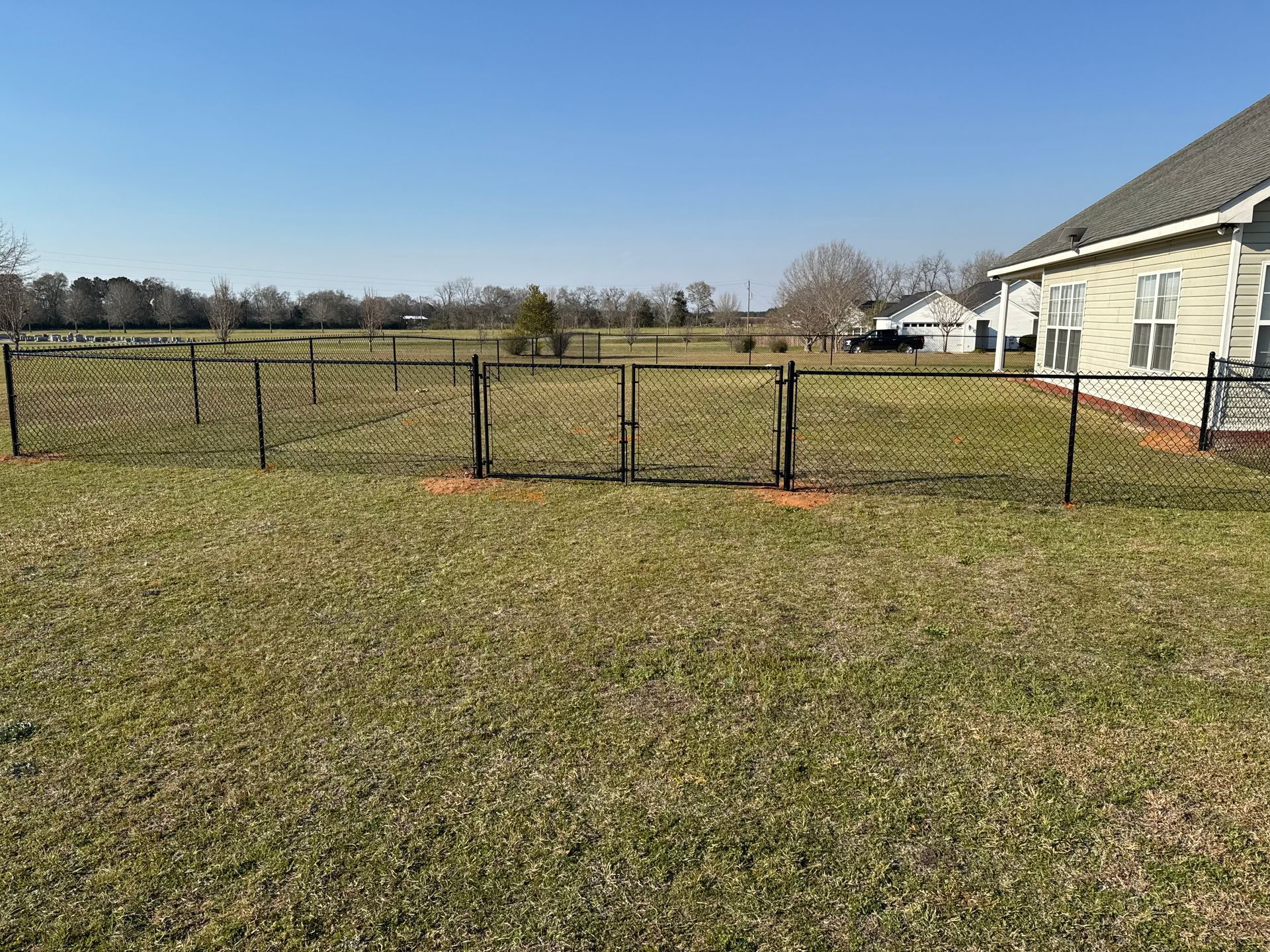 Black chain-link fence encloses a grassy yard near a house on a sunny day.