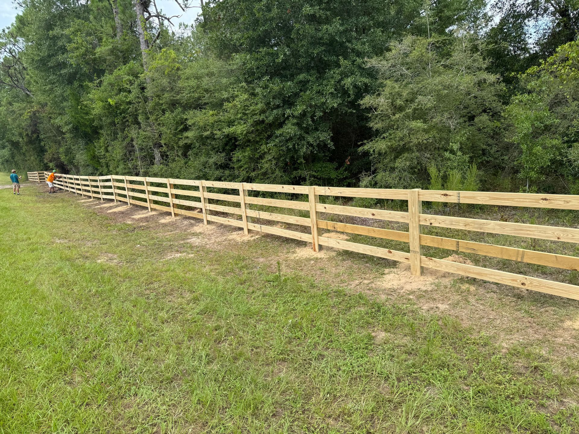 Wooden split-rail fence alongside a grassy field, trees in the background. Two people working on the fence.