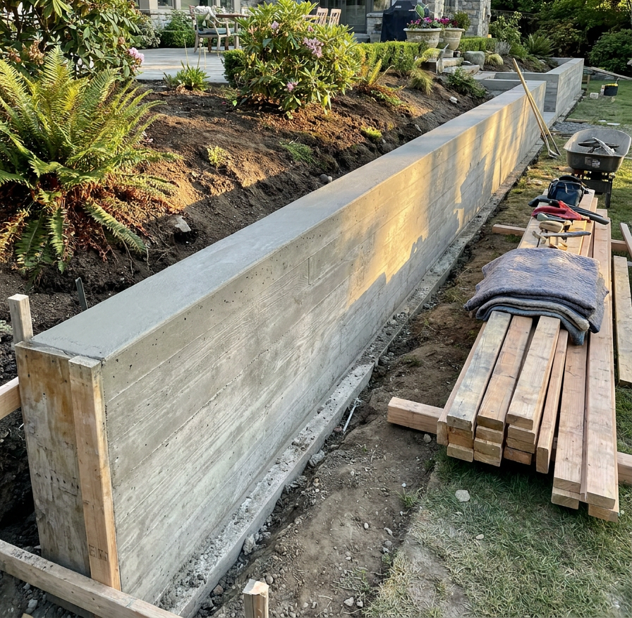 Long concrete retaining wall beside a landscaped slope, with stacked lumber and tools on the right.