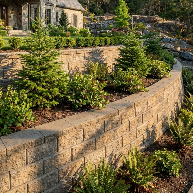 Stone retaining wall with lush green shrubs and a house in a landscaped garden