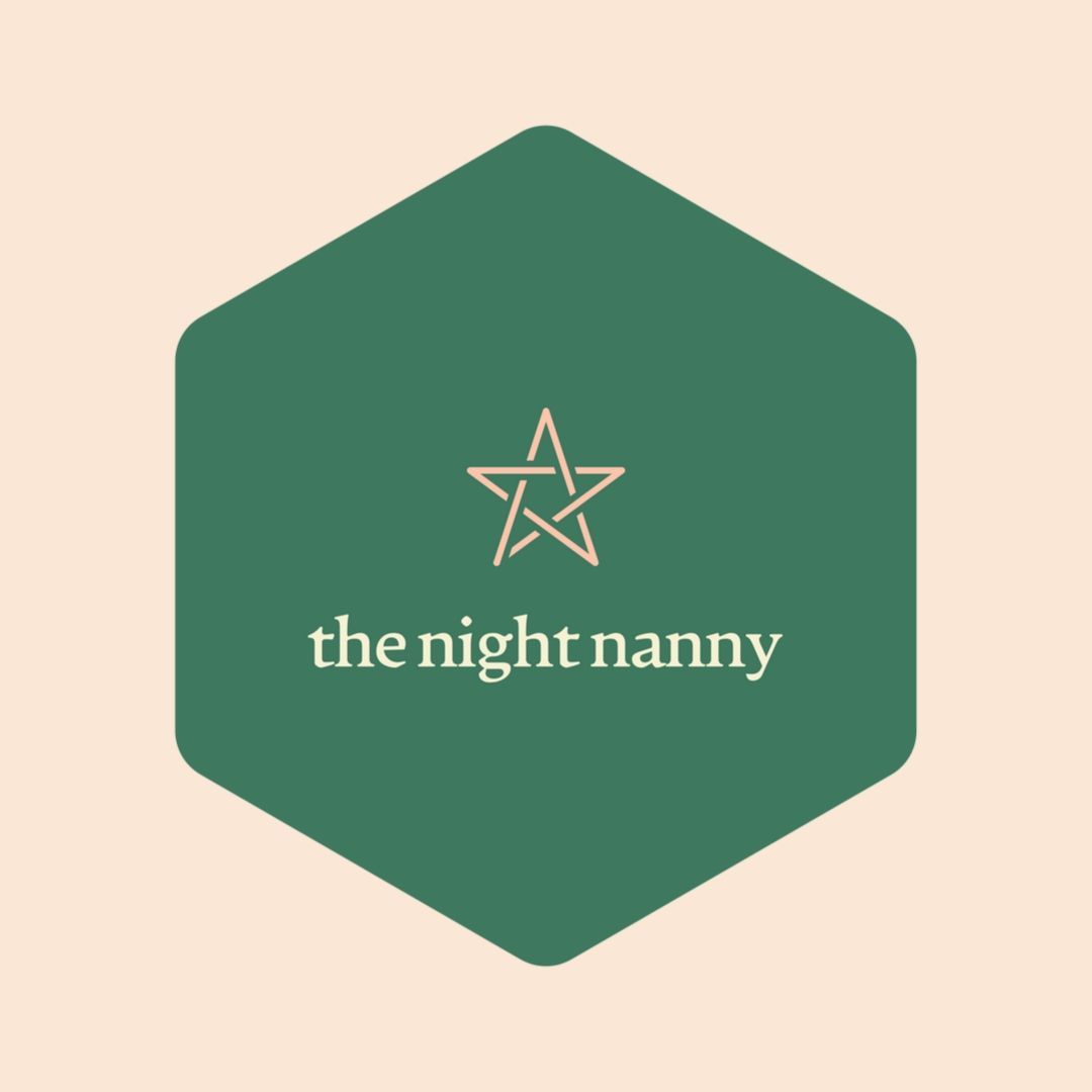 Green hexagon logo with gold star and “the night nanny” on a beige background