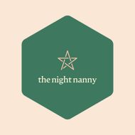 Green hexagon logo with gold star and “the night nanny” on a beige background