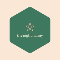 Green hexagon logo with gold star and “the night nanny” on a beige background