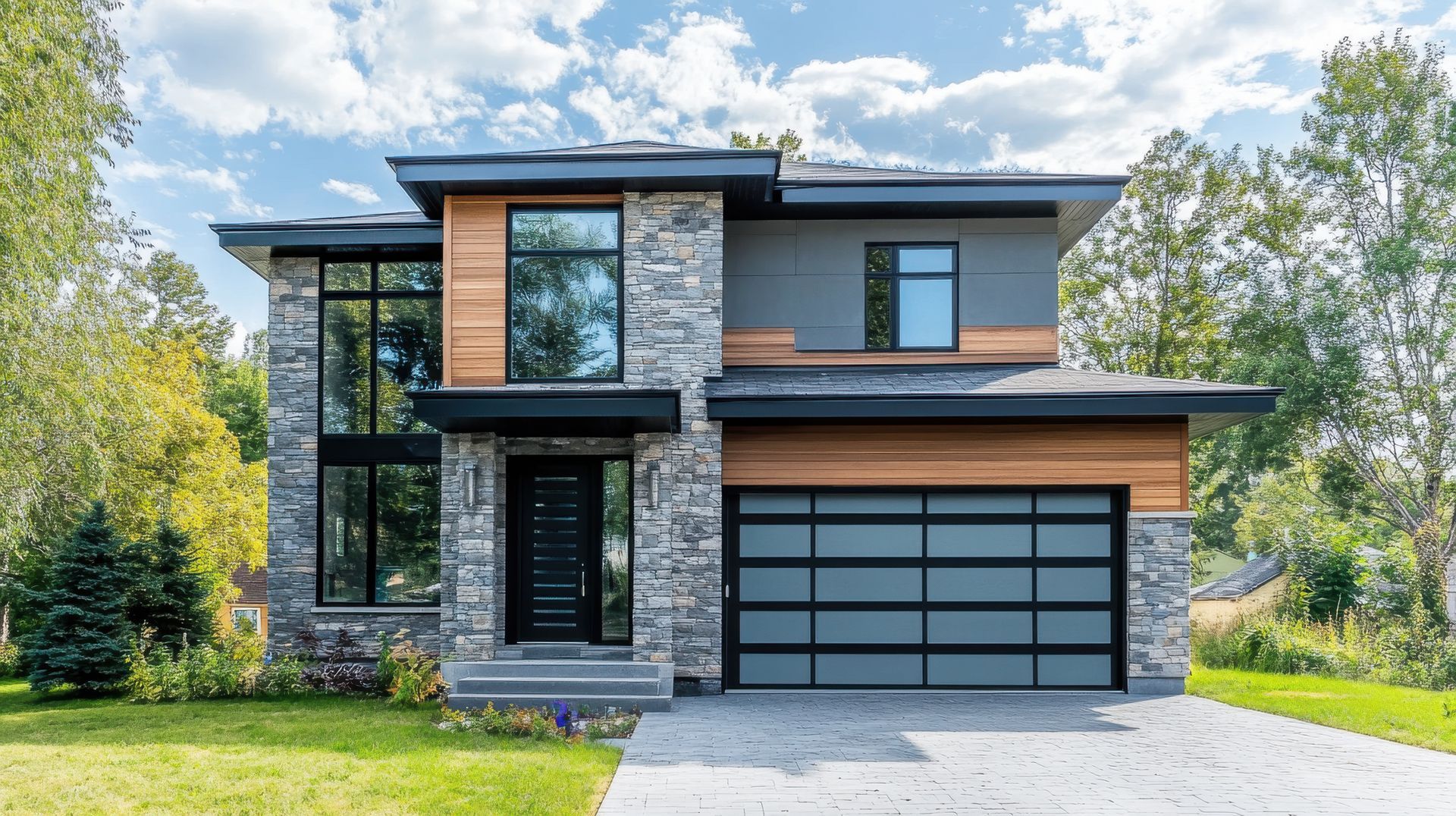 Maison moderne à deux étages avec façade en pierre, éléments en bois et porte de garage grise, par une journée ensoleillée.