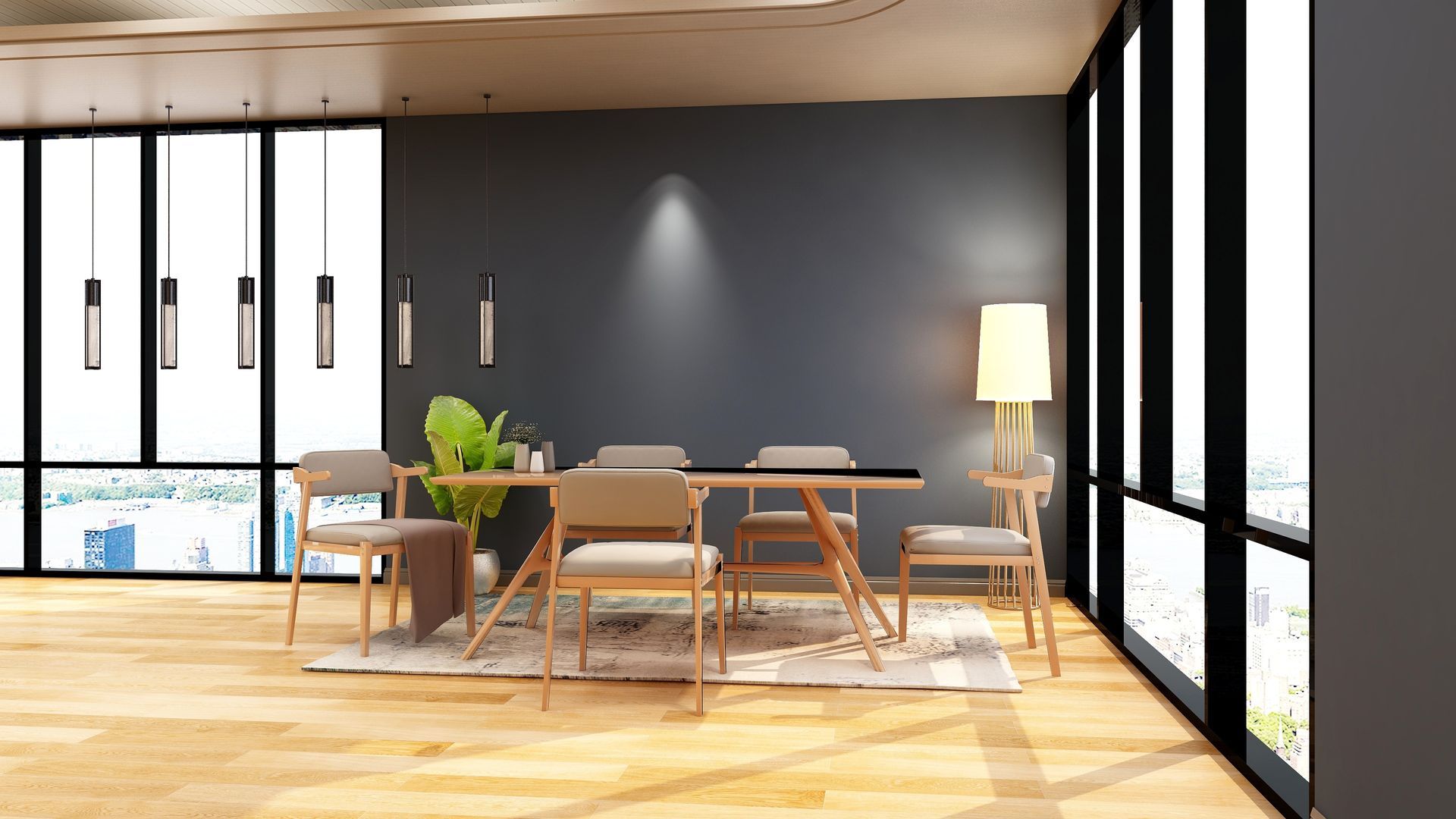 Salle à manger avec table en bois, chaises, tapis et grandes fenêtres.