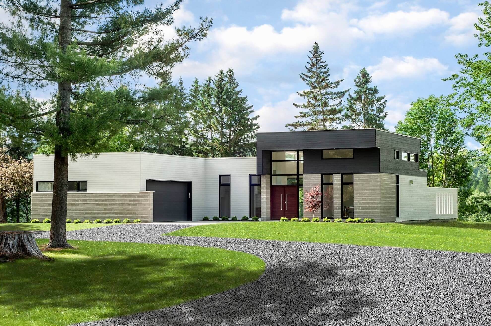 Maison moderne aux fa&ccedil;ades blanches et grises avec porte rouge, entr&eacute;e dall&eacute;e, entour&eacute;e d'arbres et de pelouse.